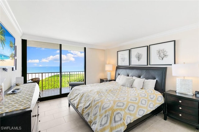 380 Seaview Ct Unit 1505, Marco Island, FL 34145 - bedroom featuring access to outside, ornamental molding, light tile patterned flooring, expansive windows, and a water view