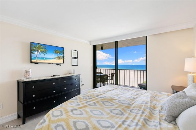 380 Seaview Ct Unit 1505, Marco Island, FL 34145 - bedroom featuring access to exterior, crown molding, and light tile patterned flooring