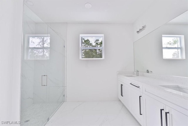 1518 Williams Ave, Lehigh Acres, FL 33972 - full bath featuring marble look tile flooring, a marble finish shower, and healthy amount of natural light