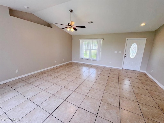 4916 7th St W, Lehigh Acres, FL 33971 - unfurnished living room featuring ceiling fan, vaulted ceiling, light tile patterned floors, and recessed lighting