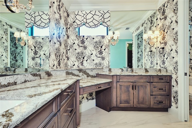 3309 SW 2nd Ln, Cape Coral, FL 33991 - full bathroom with crown molding, two vanities, a chandelier, and marble finish flooring