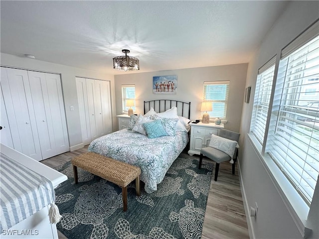 17921 Stevens Blvd, Fort Myers Beach, FL 33931 - bedroom featuring wood finished floors, two closets, and multiple windows