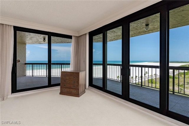 174 S Collier Blvd Unit 904, Marco Island, FL 34145 - unfurnished sunroom featuring crown molding, view of water and beach, carpet, and healthy amount of natural light