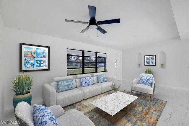 2118 Aldridge Ave, Fort Myers, FL 33907 - living room with ceiling fan and marble look tiles