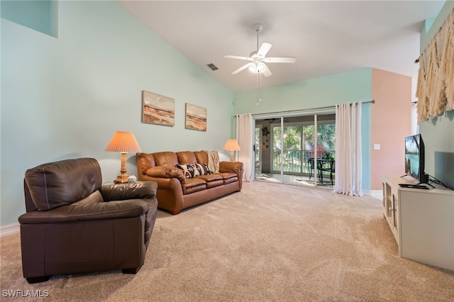 15041 Lakeside View Dr Unit 2104, Fort Myers, FL 33919 - living room with carpet flooring, a ceiling fan, and high vaulted ceiling