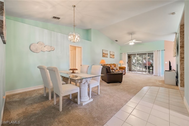 15041 Lakeside View Dr Unit 2104, Fort Myers, FL 33919 - dining room featuring carpet flooring, ceiling fan, a chandelier, and high vaulted ceiling