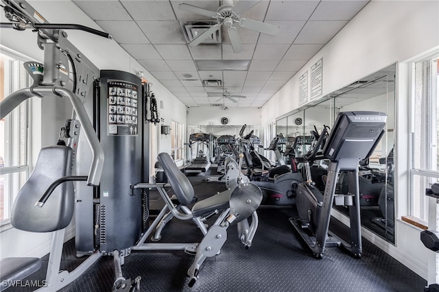 15041 Lakeside View Dr Unit 2104, Fort Myers, FL 33919 - workout area with ceiling fan, a paneled ceiling, and healthy amount of natural light