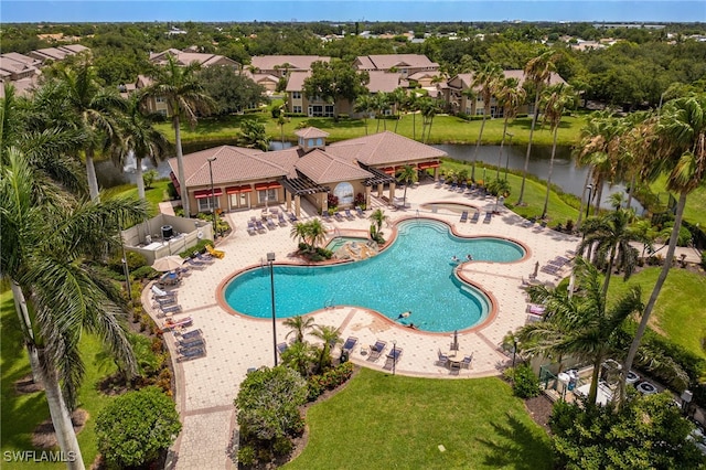 15041 Lakeside View Dr Unit 2104, Fort Myers, FL 33919 - community pool featuring a patio area, a water view, and a residential view