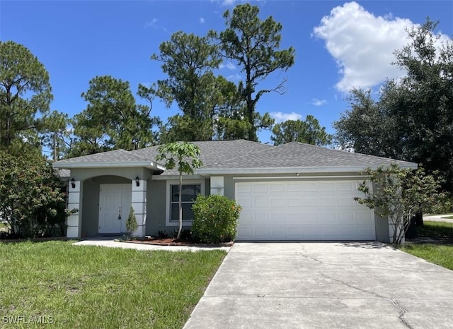200 W 17th St, Lehigh Acres, FL 33972 - single story home with concrete driveway, an attached garage, a front yard, stucco siding, and roof with shingles