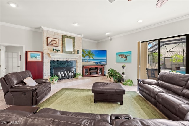 5251 Westminster Dr, Fort Myers, FL 33919 - living room featuring a stone fireplace, tile patterned floors, crown molding, and recessed lighting