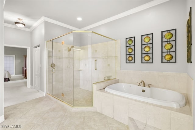 5251 Westminster Dr, Fort Myers, FL 33919 - full bathroom featuring a garden tub, a stall shower, ornamental molding, and tile patterned floors