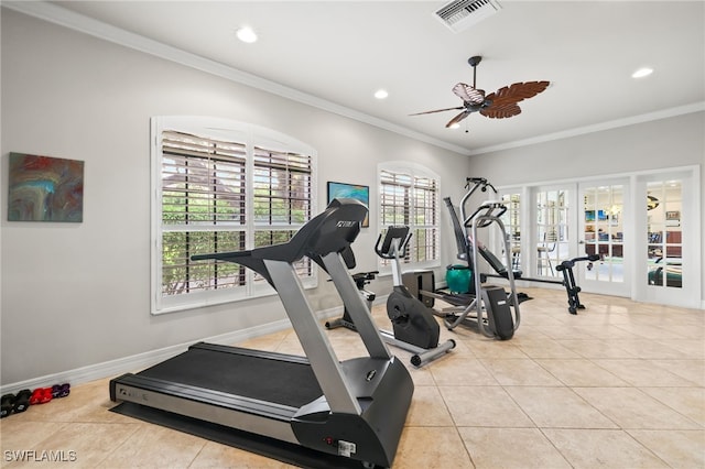 5251 Westminster Dr, Fort Myers, FL 33919 - exercise room with ceiling fan, light tile patterned flooring, french doors, recessed lighting, and ornamental molding