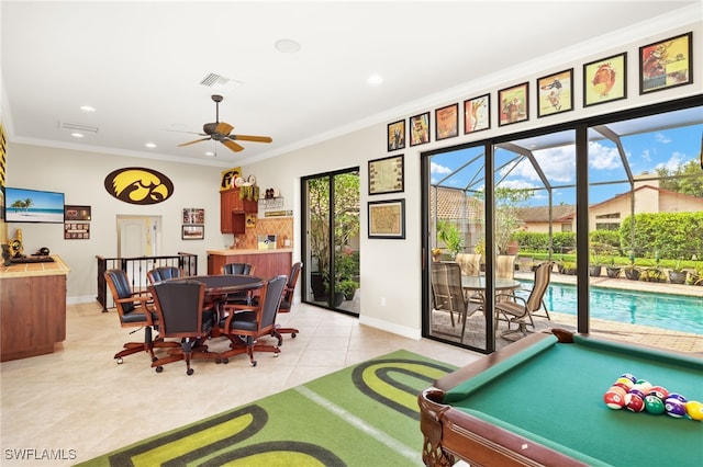 5251 Westminster Dr, Fort Myers, FL 33919 - game room with ceiling fan, recessed lighting, light tile patterned floors, and ornamental molding
