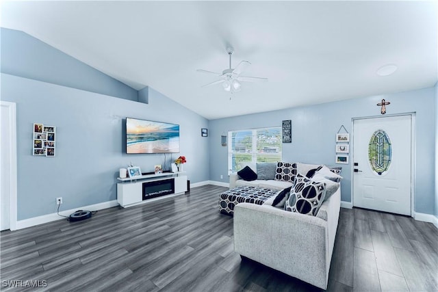 4402 Ruth Ave S, Lehigh Acres, FL 33976 - living area with ceiling fan, lofted ceiling, and dark wood-style floors