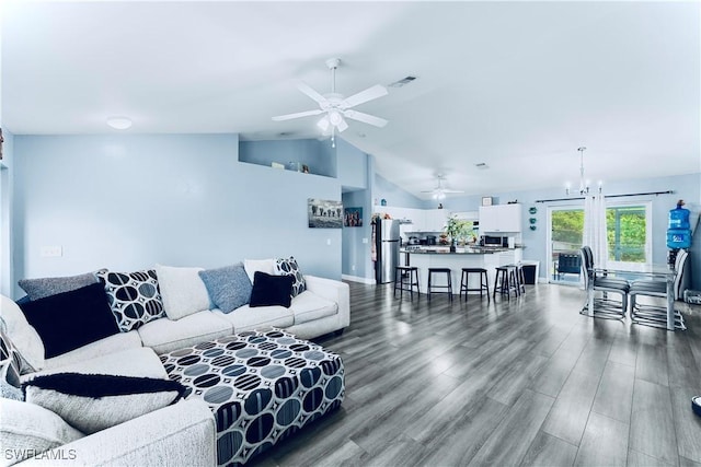 4402 Ruth Ave S, Lehigh Acres, FL 33976 - living area featuring ceiling fan, lofted ceiling, and dark wood-style flooring