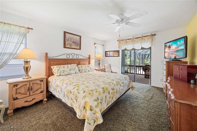 116 Sharwood Dr, Naples, FL 34110 - bedroom with dark colored carpet, access to exterior, and ceiling fan