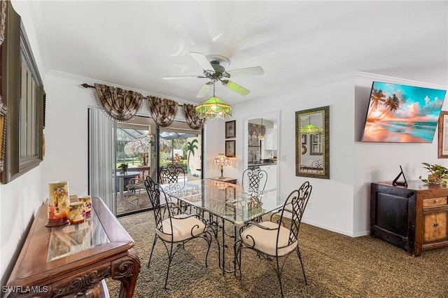 116 Sharwood Dr, Naples, FL 34110 - dining area featuring ceiling fan, crown molding, and carpet floors