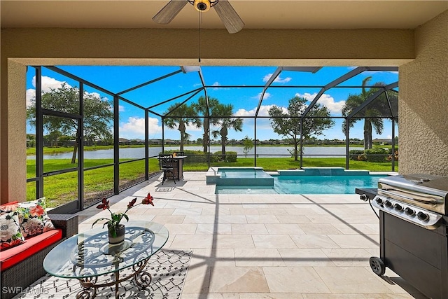 19368 Elston Way, Estero, FL 33928 - view of swimming pool with a water view, a patio, a pool with connected hot tub, and a ceiling fan