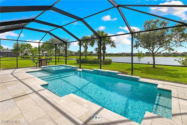 19368 Elston Way, Estero, FL 33928 - view of swimming pool featuring a water view, a lawn, a patio, a pool with connected hot tub, and glass enclosure
