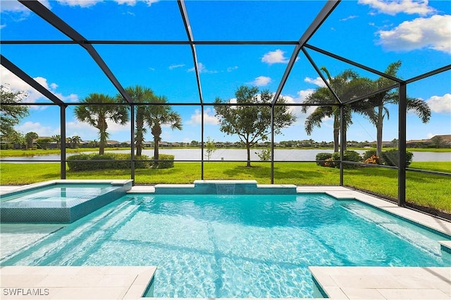 19368 Elston Way, Estero, FL 33928 - view of pool featuring a water view, glass enclosure, and a lawn