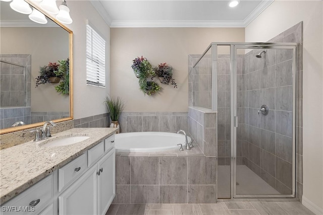19368 Elston Way, Estero, FL 33928 - full bath featuring vanity, a bath, a stall shower, tile patterned floors, and ornamental molding
