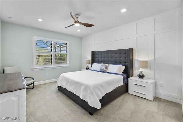 19387 Elston Way, Estero, FL 33928 - bedroom with light colored carpet, ceiling fan, and recessed lighting
