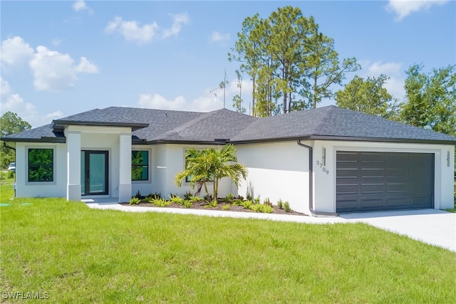 3709 6th St SW, Lehigh Acres, FL 33976 - view of front of house featuring stucco siding, a garage, a front yard, driveway, and a shingled roof