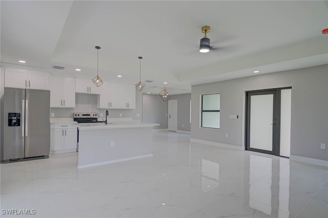 3709 6th St SW, Lehigh Acres, FL 33976 - kitchen featuring stainless steel fridge, white cabinets, recessed lighting, electric stove, and ceiling fan