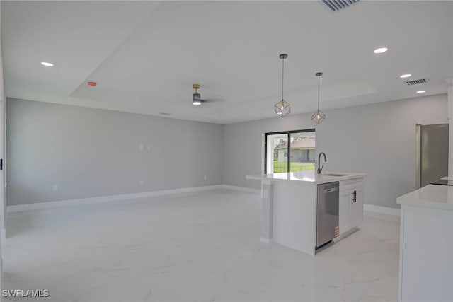 3709 6th St SW, Lehigh Acres, FL 33976 - kitchen featuring dishwasher, light marble finish floors, ceiling fan, a tray ceiling, and light countertops