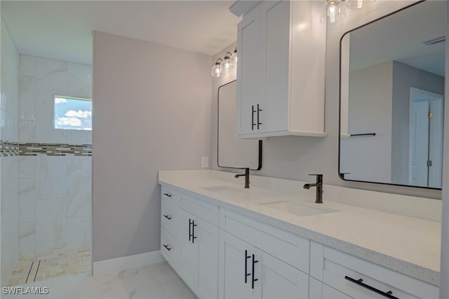 3709 6th St SW, Lehigh Acres, FL 33976 - full bathroom with double vanity, marble finish floors, and tiled shower