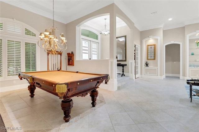 4323 Silver Fox Dr, Naples, FL 34119 - rec room featuring arched walkways, built in features, light tile patterned floors, billiards table, and ornamental molding