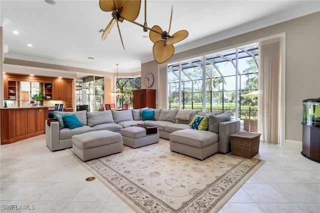 4323 Silver Fox Dr, Naples, FL 34119 - living area with light tile patterned flooring, ornamental molding, and recessed lighting