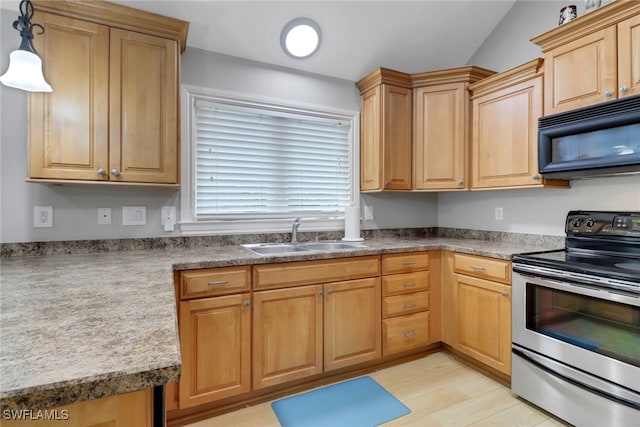 4323 Silver Fox Dr, Naples, FL 34119 - kitchen with black microwave, stainless steel range with electric stovetop, hanging light fixtures, vaulted ceiling, and light brown cabinets