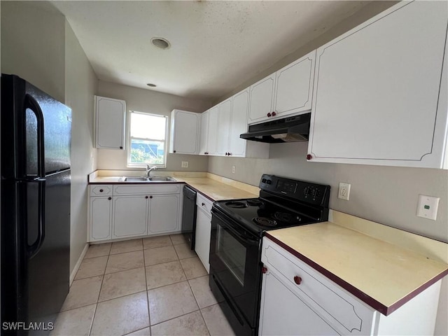 4869/4871 Leonard Blvd S, Lehigh Acres, FL 33973 - kitchen featuring black appliances, under cabinet range hood, white cabinetry, and light tile patterned floors