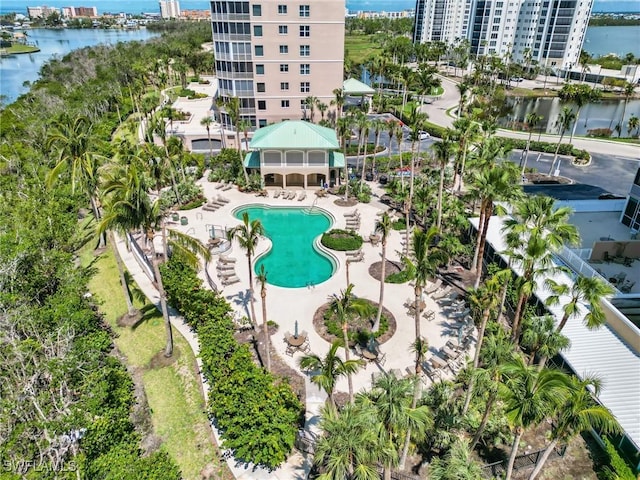 4182 Bay Beach Ln Unit 761, Fort Myers Beach, FL 33931 - community pool with a water view, a patio area, and a city view