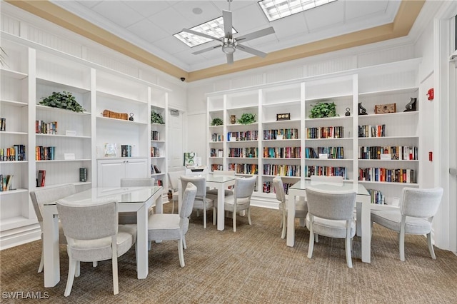 28283 Koi Way, Bonita Springs, FL 34135 - dining room with a ceiling fan, ornamental molding, and built in shelves