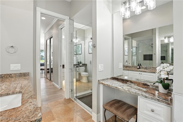28283 Koi Way, Bonita Springs, FL 34135 - full bathroom with a shower stall, vanity, and a chandelier