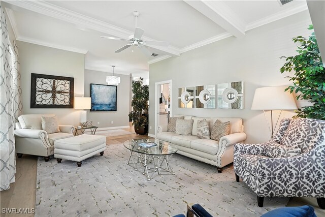 28283 Koi Way, Bonita Springs, FL 34135 - living area with ornamental molding, wood finished floors, ceiling fan, and beam ceiling