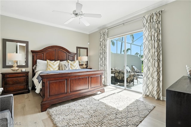 28283 Koi Way, Bonita Springs, FL 34135 - bedroom with ornamental molding, access to outside, light wood-type flooring, and a ceiling fan