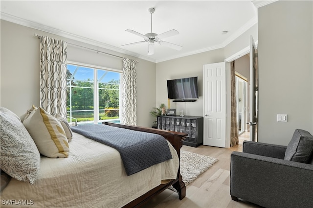 28283 Koi Way, Bonita Springs, FL 34135 - bedroom featuring ornamental molding, light wood-style floors, and ceiling fan