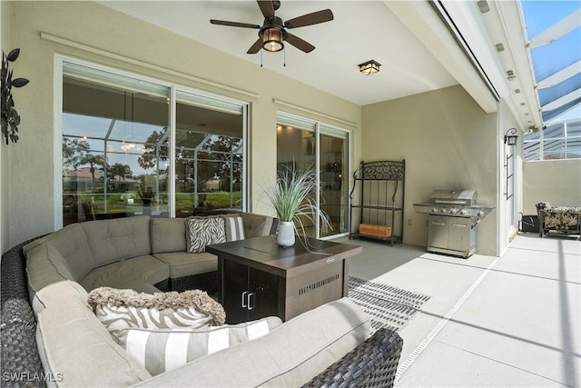 28283 Koi Way, Bonita Springs, FL 34135 - view of patio / terrace featuring outdoor lounge area, a grill, glass enclosure, and ceiling fan