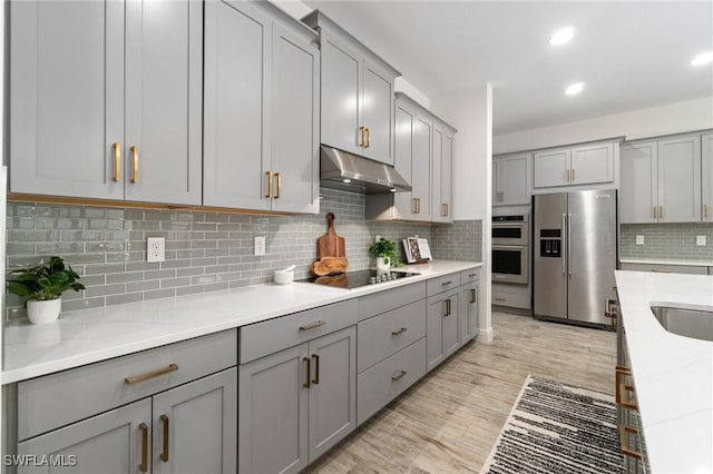 3240 Pilot Cir, Naples, FL 34120 - kitchen with appliances with stainless steel finishes, gray cabinets, under cabinet range hood, tasteful backsplash, and recessed lighting