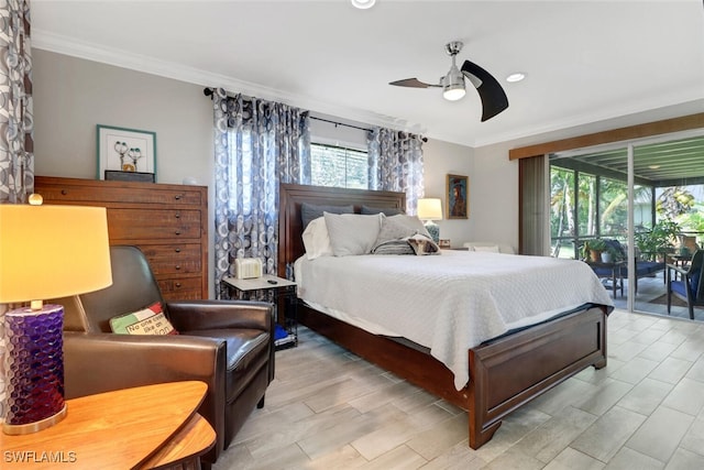 1015 El Valle Ave, Fort Myers, FL 33919 - bedroom featuring access to outside, multiple windows, ornamental molding, ceiling fan, and recessed lighting