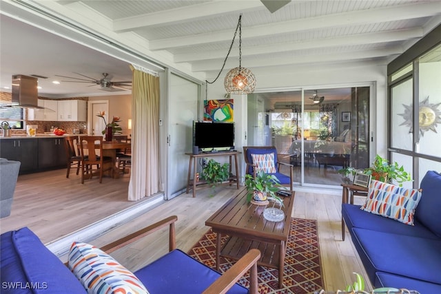 1015 El Valle Ave, Fort Myers, FL 33919 - living room featuring plenty of natural light, a ceiling fan, light wood finished floors, beam ceiling, and recessed lighting