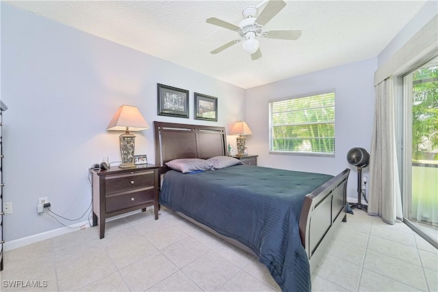 4217 SE 19th Ave Unit 110, Cape Coral, FL 33904 - bedroom with light tile patterned floors, access to exterior, ceiling fan, and a textured ceiling