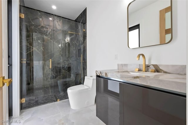 3614 22nd Ave NE, Naples, FL 34120 - full bath with marble finish floors, a marble finish shower, vanity, and recessed lighting