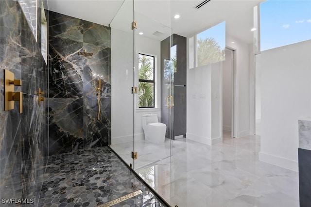 3614 22nd Ave NE, Naples, FL 34120 - bathroom featuring marble tiled floors, a marble finish shower, and recessed lighting