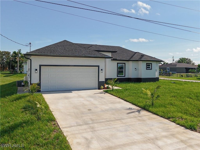 5001 Bywood St, Lehigh Acres, FL 33971 - view of front of property with stucco siding, an attached garage, concrete driveway, a front lawn, and roof with shingles