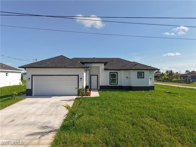 5001 Bywood St, Lehigh Acres, FL 33971 - view of front facade with stucco siding, concrete driveway, an attached garage, a front yard, and a shingled roof