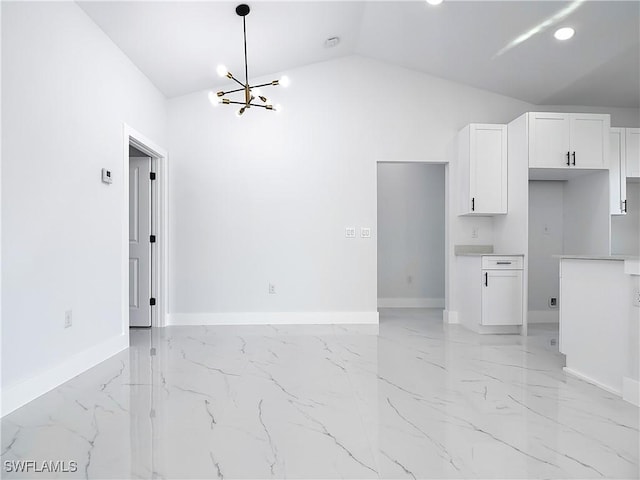 5001 Bywood St, Lehigh Acres, FL 33971 - unfurnished living room with light marble finish flooring, a chandelier, vaulted ceiling, and recessed lighting